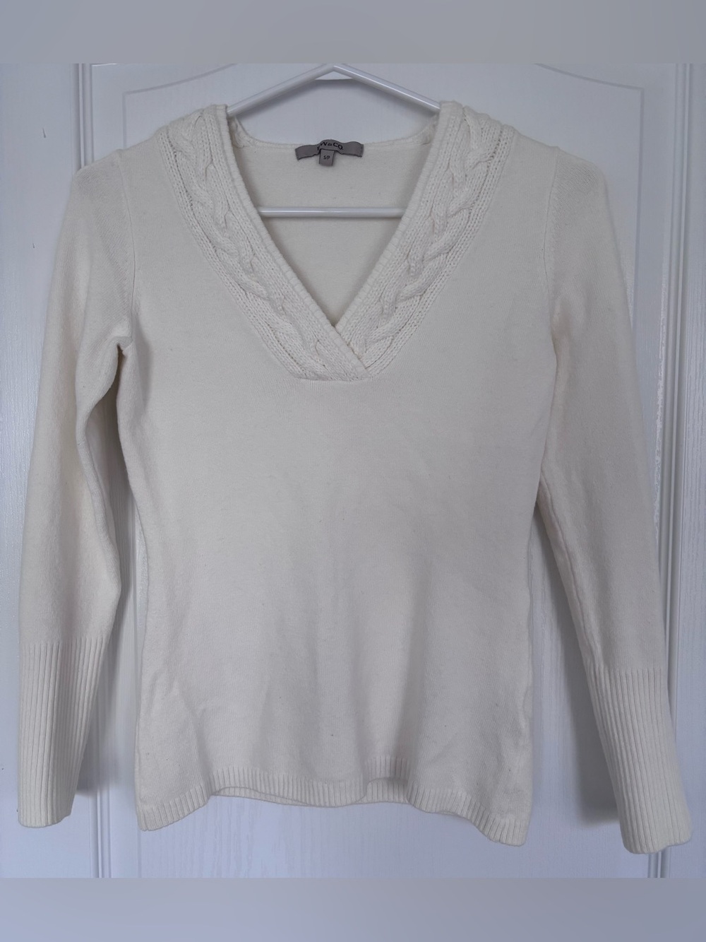 RW&CO. Classic Cream V-Neck Cable Trim Sweater